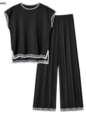 Knit Lounge Set 2 Piece Sleeveless Wide Leg Pants Women's Matching Outfit